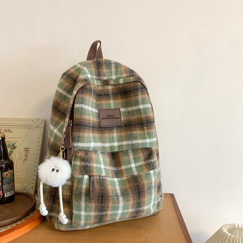 Schultaschen-Rucksack für Damen, wollener Herbst/Winter neuer Mittelschulrucksack, einfacher karierter Reiserucksack, Schulranzen im College-Stil