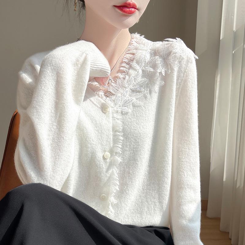 Three-dimensional Floral Knit Cardigan - Autumn/Winter Casual Loose V-neck with Cross Lace Long Sleeves