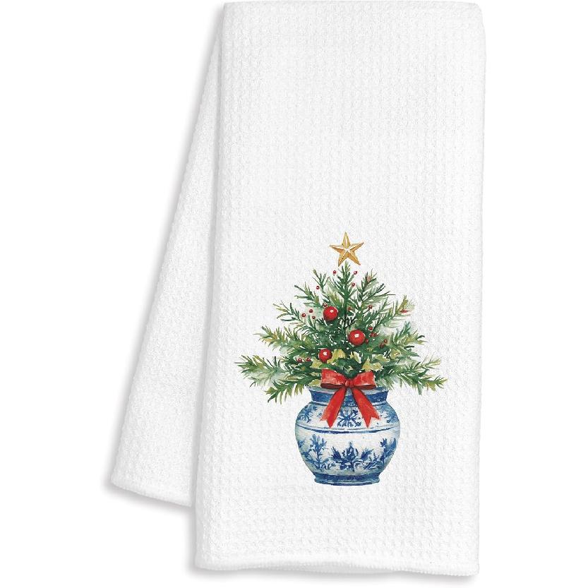 Chinoiserie Christmas Kitchen Towels, Grandmillennial Christmas Decor, Coquette Red Bow Xmas Tree Decorative Dish Hand Tea Towels for Bathroom
