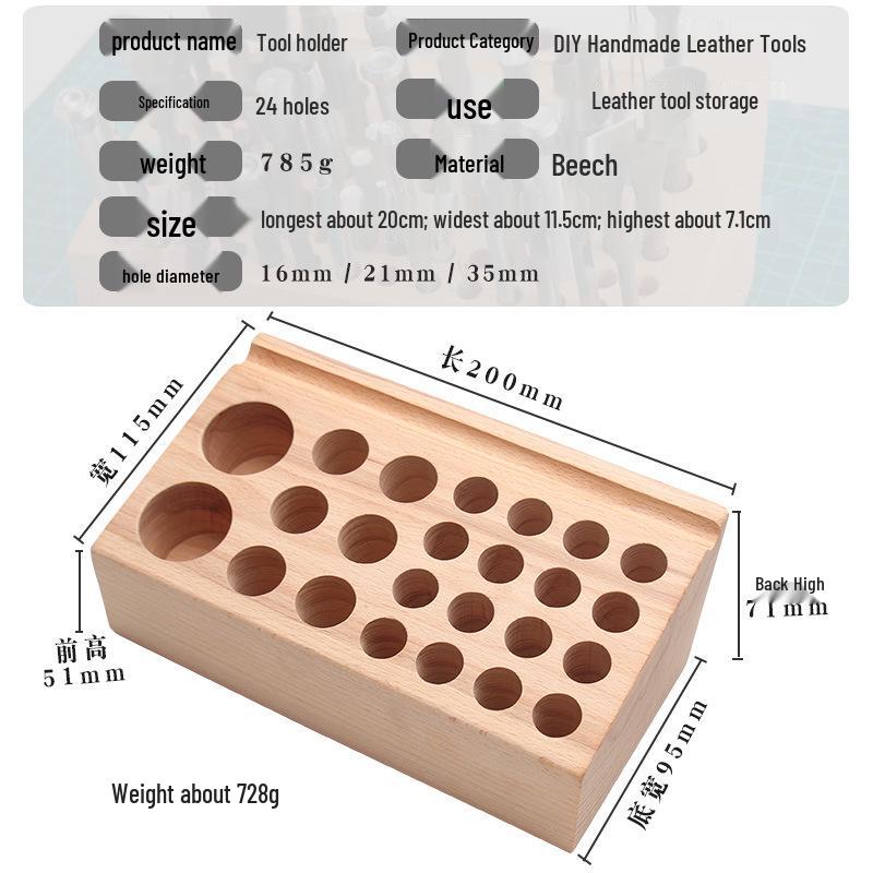 Handmade Beech Wood Tool Rack: 24-Hole Leather Tool and Punch Storage Box