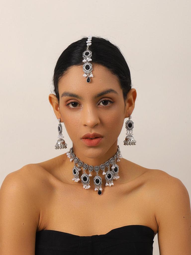 Indian Style Rhinestone Gemstone Three-Piece Set: Oval Necklace, Earrings & Headwear