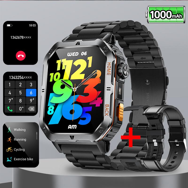 Rugged Military 1000mAh Smart Watch Men Outdoor Flashlight  Watch 2.01" HD Touch Screen Voice Bluetooth Call Smartwatch NEW