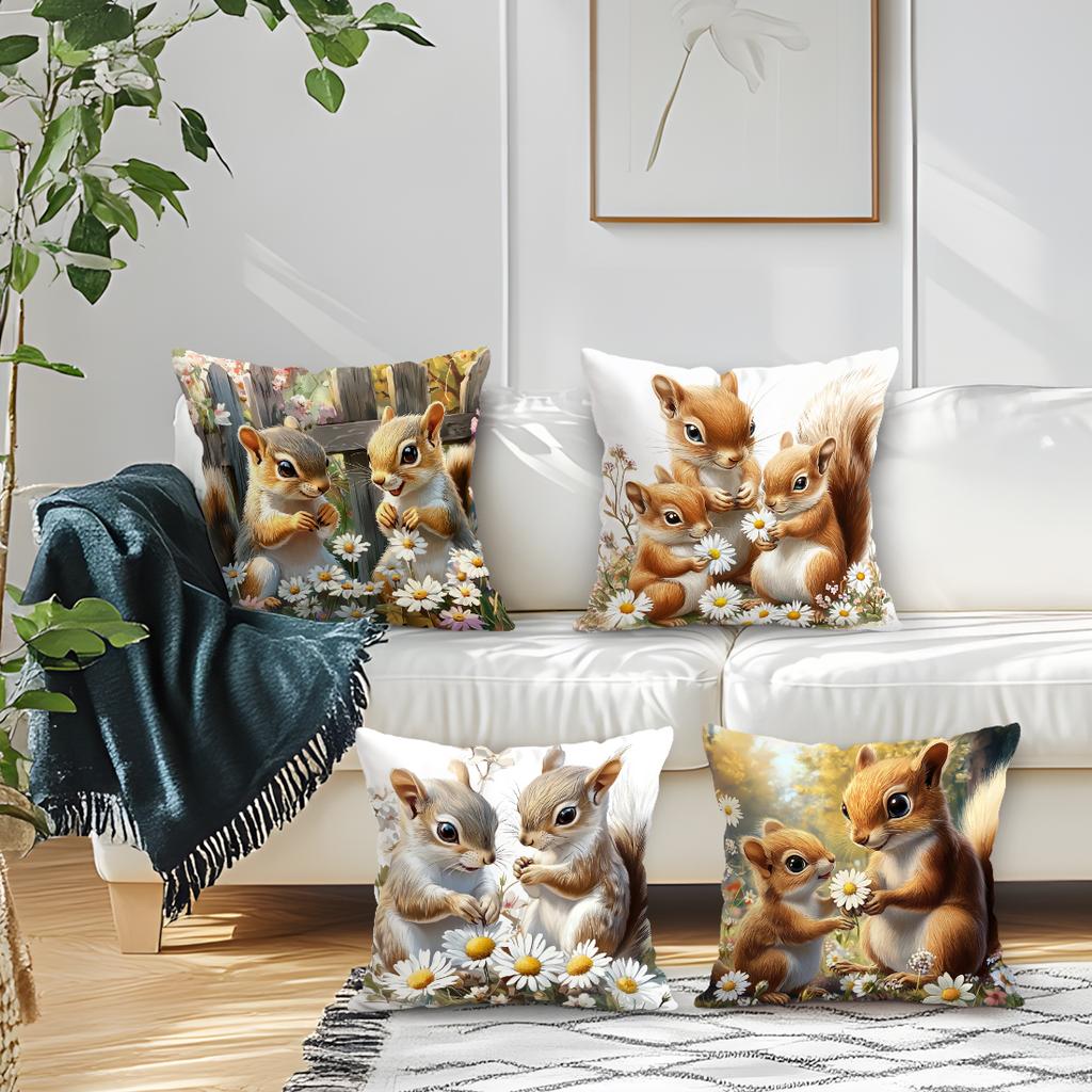 Squirrel Flowers Cushion Pillowcase Printed Polyester 45X45Cm Throw Pillowcover Decorative Sofa Cushion Pillowslip Home Decor