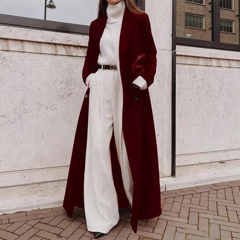 Womens Long Wool Blend Coat Winter Casual Oversized Trench Style Double-Breasted Outerwear