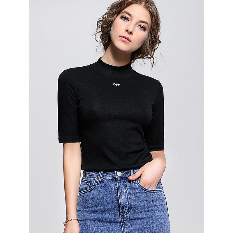 Fashion European 2025 Summer New Arrival Easiest for Match Pure Cotton T-shirt Women's Half Turtleneck Slim Looking Letter Underwear Blouse Fashion