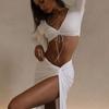 Sexy Fashion Split Outfits Drawstring Beach Dress Long Sleeve Crop Tops And Skirt Set Women Two Piece Set Bodycon Skirts 25926