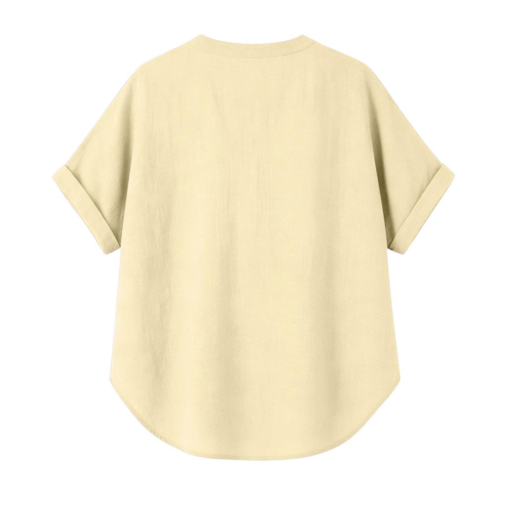Women’s Loose Fit Short Sleeve V Neck Blouse Lightweight Casual Tunic Top with Rolled Sleeves for Summer Spring Outfits