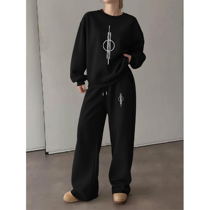 Women's Crewneck Sweatshirt & Drawstring Straight-Leg Pants 2-Piece Set, Printed Lounge Set, Fall/Winter Casual Outfit