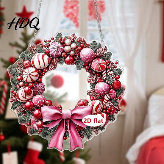 Artistic Christmas Ornament Wreath Acrylic Ornament 2D Flat Stained Glass Style Hanging Lightweight Decoration Double-sided Decorative Pendant
