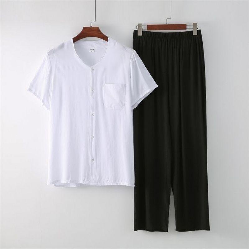 

Man s Summer Thin Cotton Silk Short-sleeved Trousers Two-piece Outfit Dad Simple Home Service XXXXXL белый