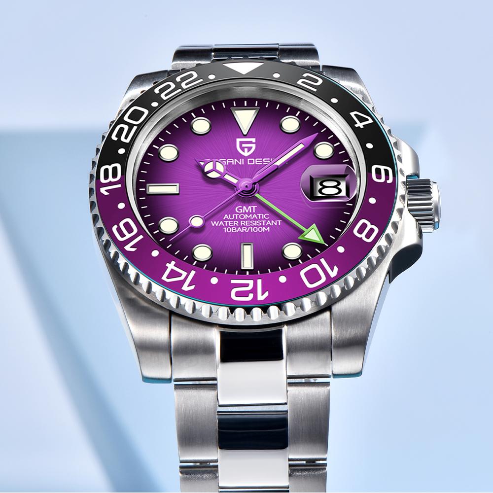 PAGANI DESIGN New Purple Dial GMT Men Mechanical Watch Sapphire Glass Stainless Steel Waterproof Automatic Watches for men