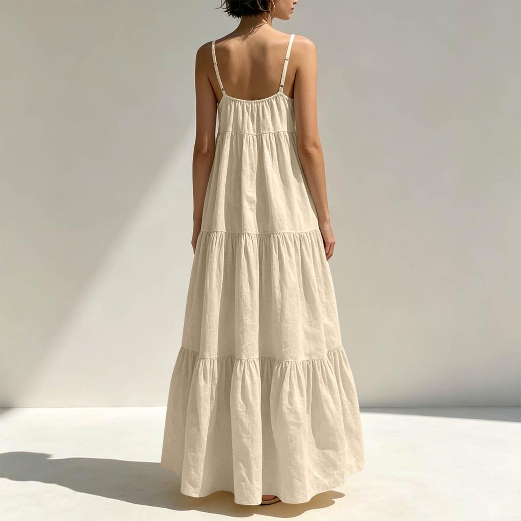 Womens Backless Spaghetti Strap Maxi Dress Summer Casual Flowy Tiered Long Sundress Beach Vacation Sleeveless Dress
