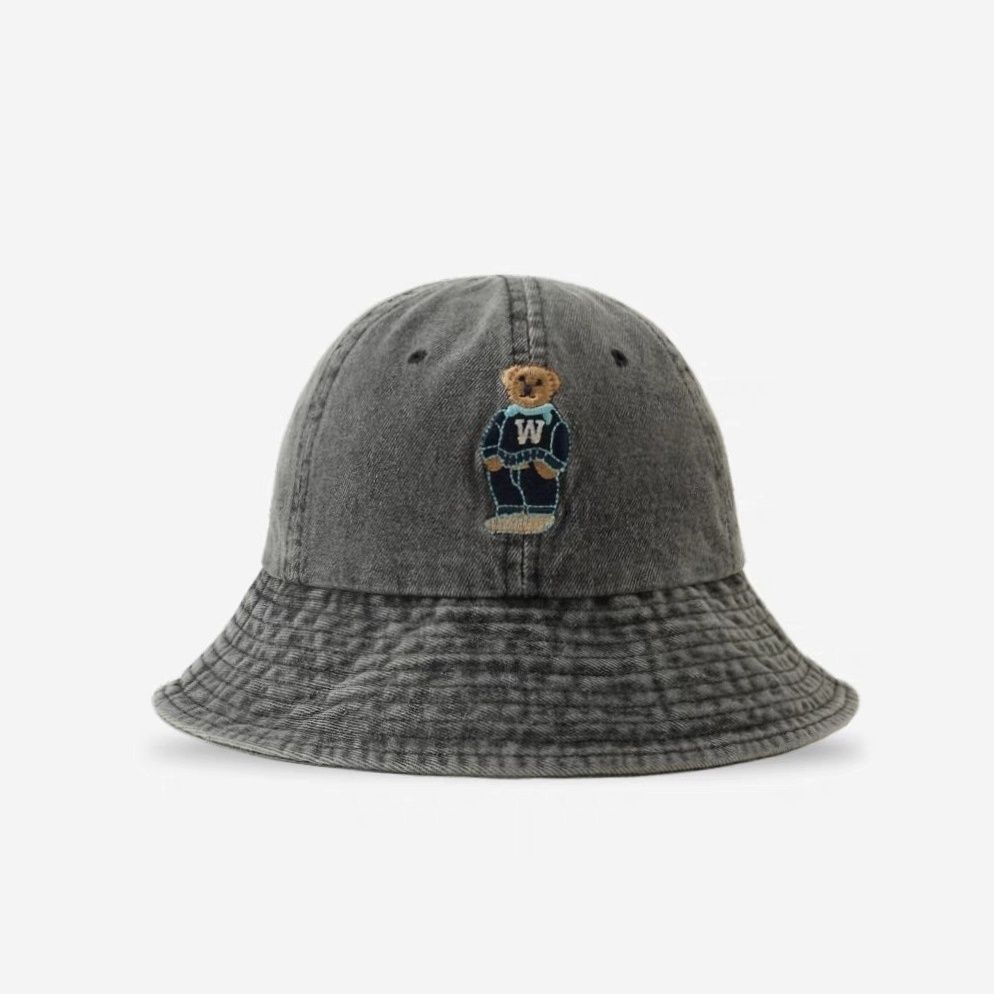 Vintage Washed Denim Bucket Hat Female Face Small Visor Cartoon Bear Embroidery Basin Hat Tide