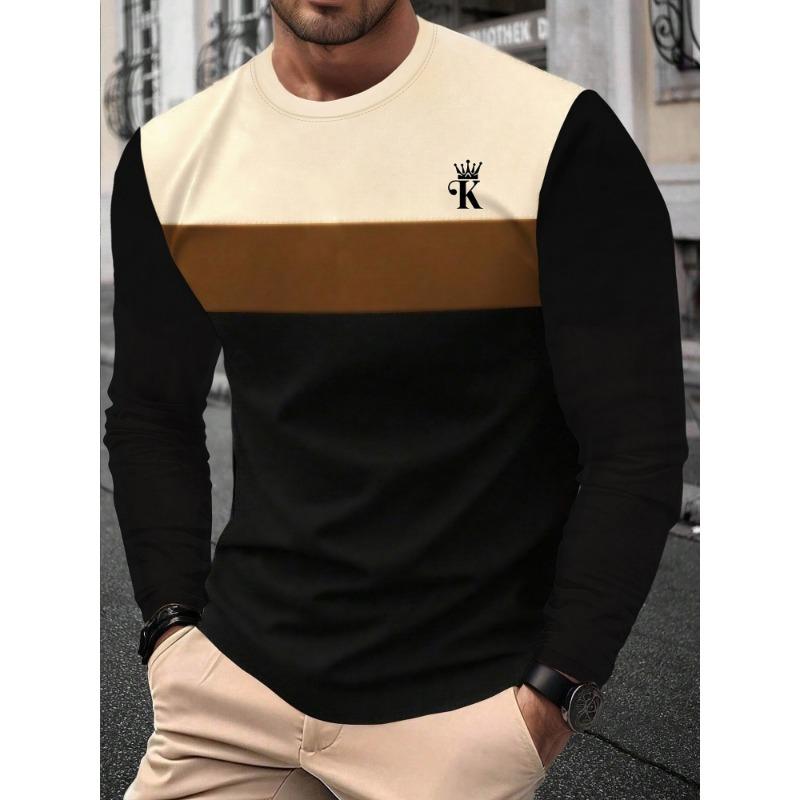 Autumn Fashion Men's Eagle Print Long Sleeve T-shirt Striped Casual Sports Sweatshirt Loose Top Men's Commuter Long Sleeve