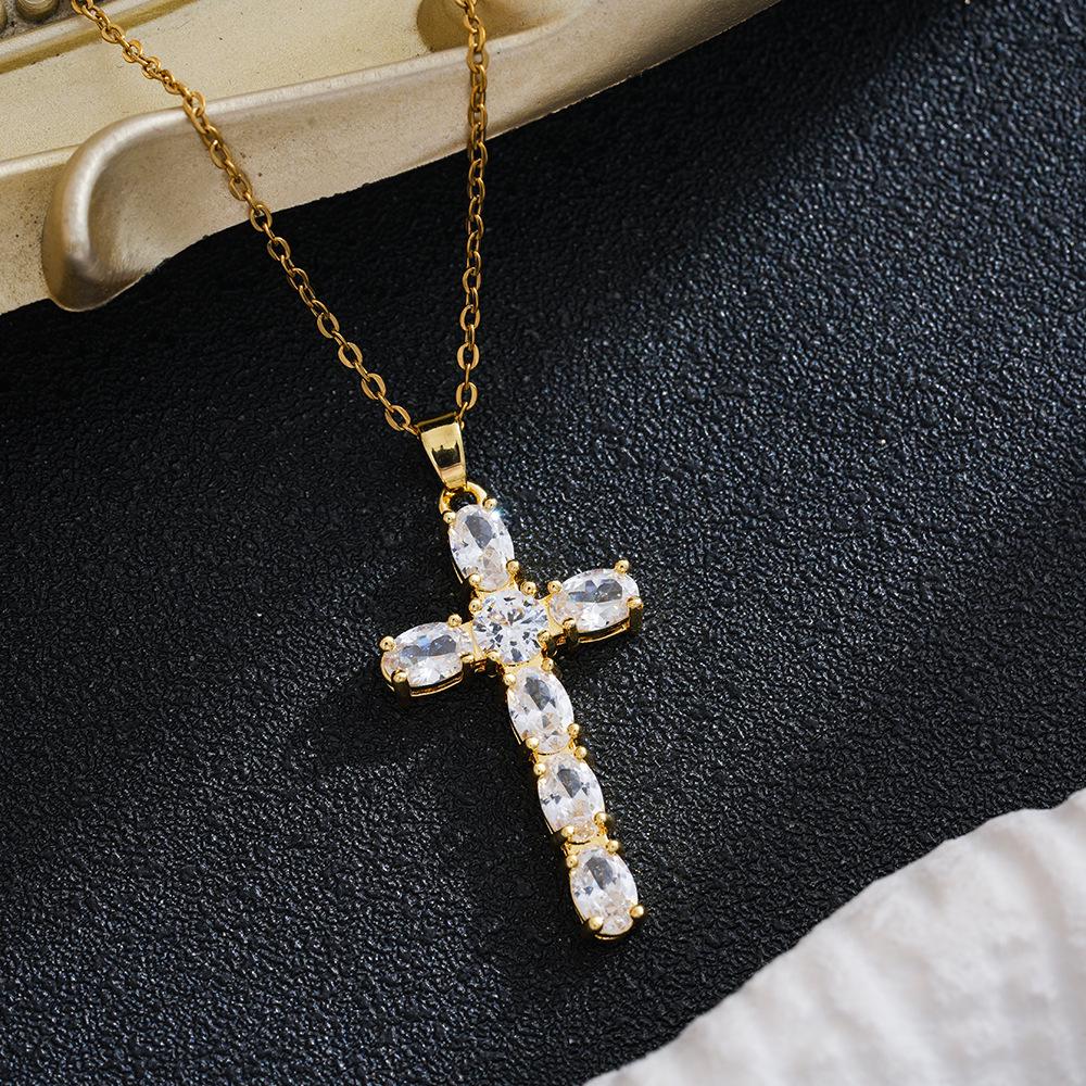 Gold-Plated Zircon Cross Pendant Titanium Steel Necklace for Women - European & American Luxury Style