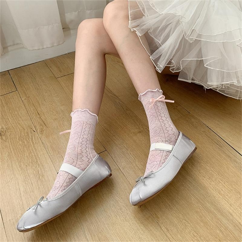 Women's Japanese Sweet Bowknot Accent Crew Socks Elegant Students Hollowout Heart Pattern Ruffle Top Middle Calf Socks