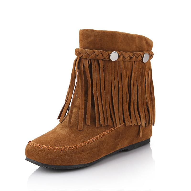 Bohemian Ankle Boots for Women Tassel Fringe Faux Suede Custom Short Boots Inside Height-increasing Shoes Flat Booties WSH5018