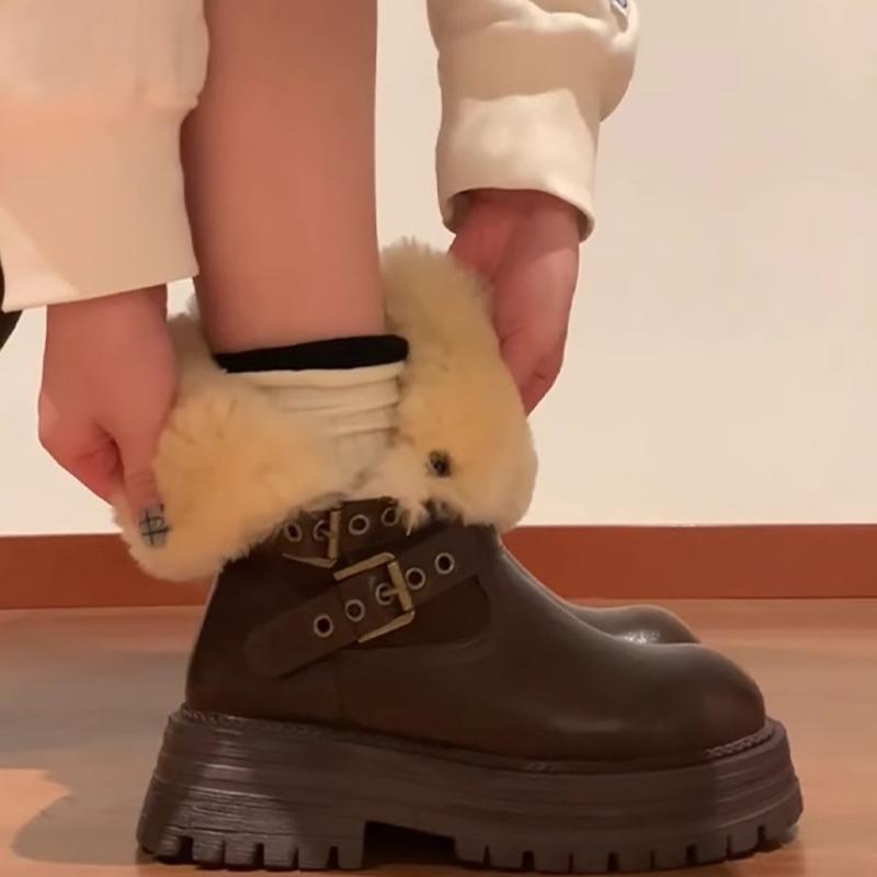 Mode Winter Warm Fellige Dicke Absätze Damen Stiefeletten Halten Mode Gürtelschnalle Kurze Stiefeletten Schuhe Zapatos Mujer