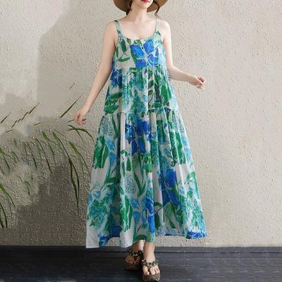 Sleeveless Strap Plus Size Cotton Vintage Floral New In Dresses for Women Casual Loose Long Summer Dress
