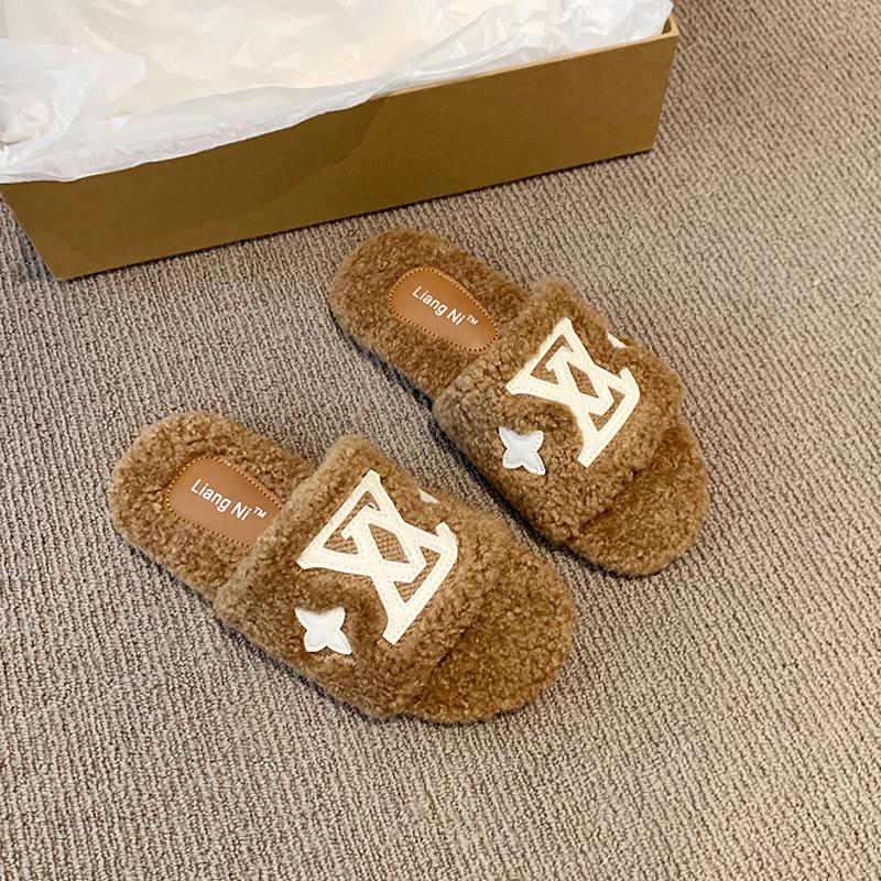 Fashion 2025 New Popular Women's Slippers Party Plush Summer New Best-Selling Furry Home Shoes Fur Flip Flops Female Slides Fur Shoes