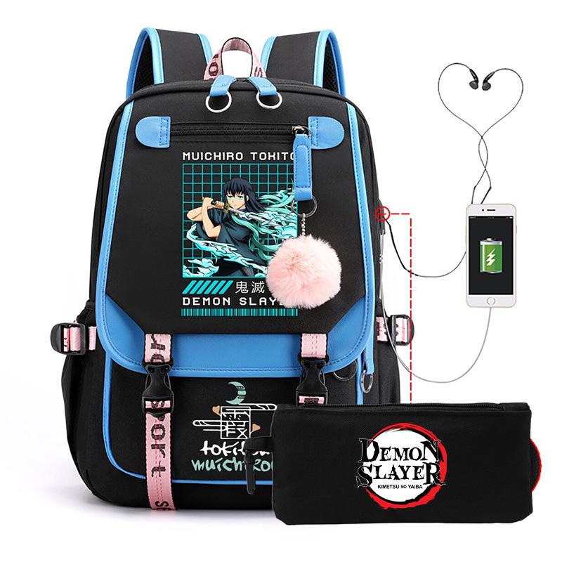 Two-dimensional peripheral day man ghost extinguishing backpack pencil bag large capacity student leisure schoolbag with USB port