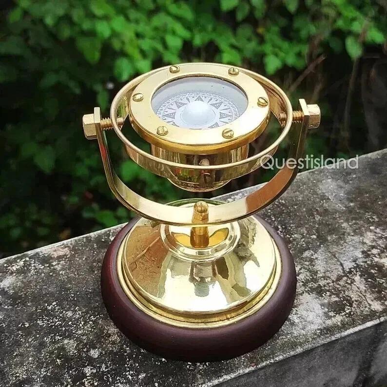 Brass Gimbal Compass Working With Wooden Base Beautiful Collectible
