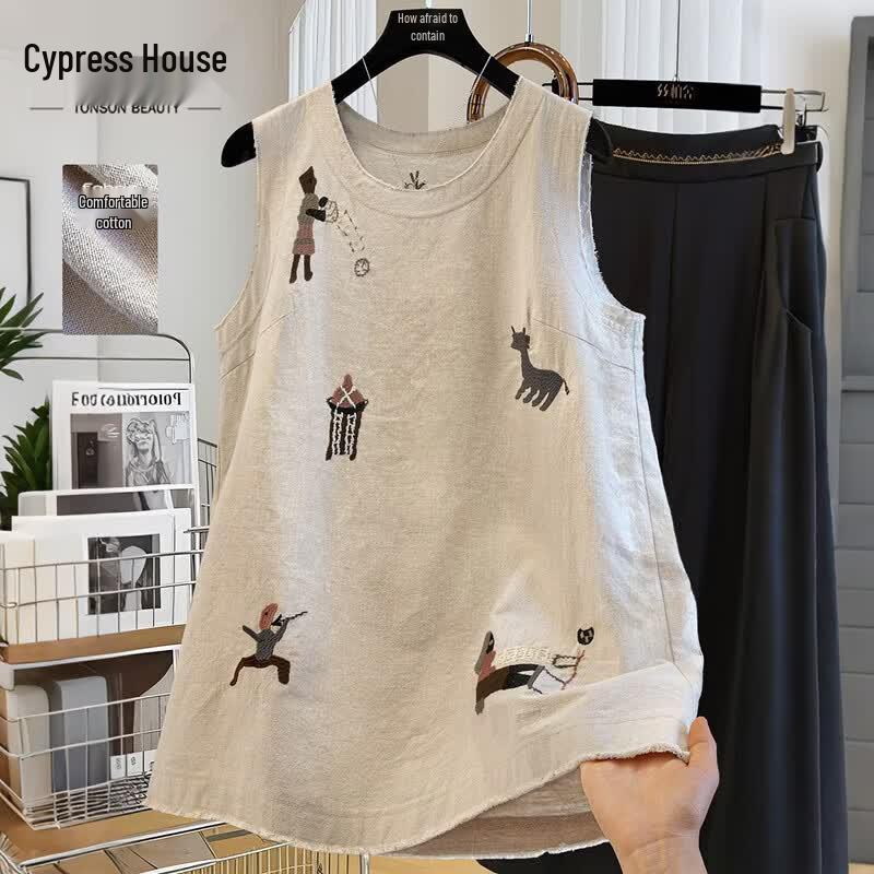 Women s Embroidered Sleeveless Cotton Top L