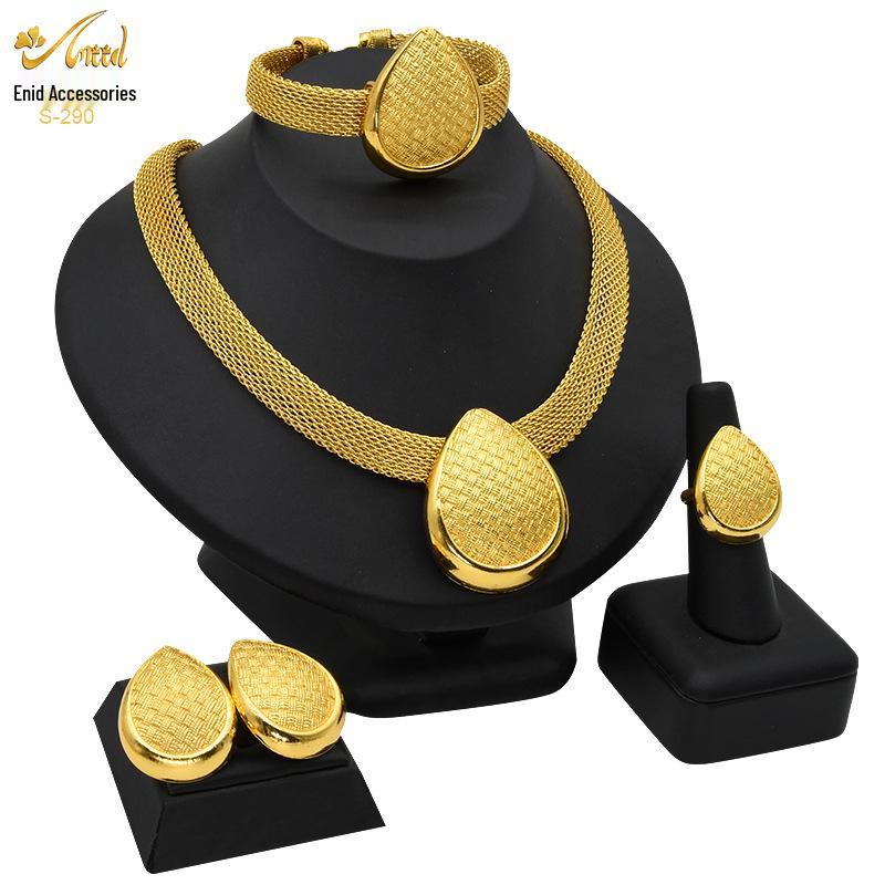 24K Dubai Gold Bridal Jewelry Set: Necklace, Bracelet, Earrings, Ring for African Women