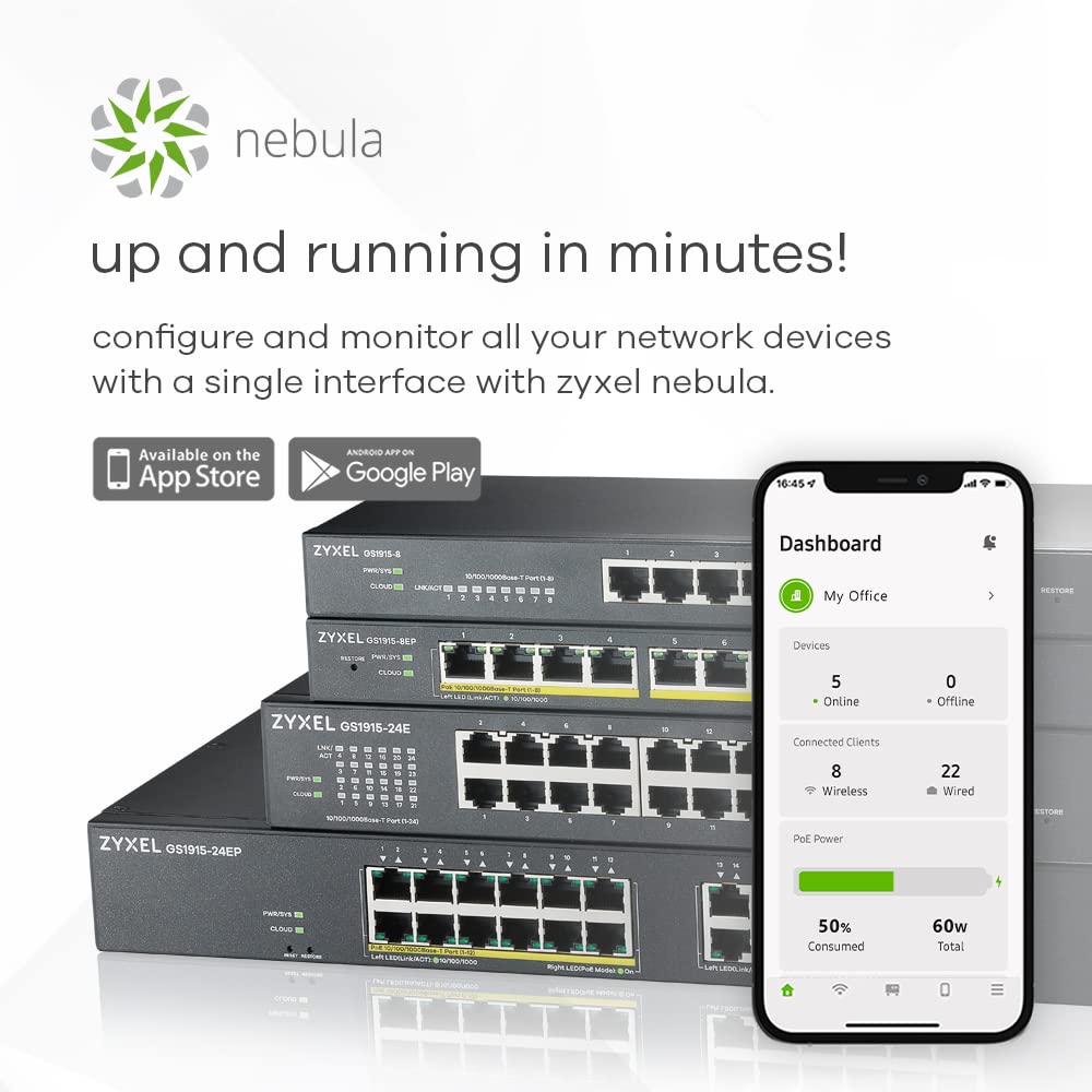 Zyxel Gigabit Ethernet Switching Hub Smart Managed L2 Nebula Cloud Management Desktop or Wall Mount Quiet Fanless For Small Work from and Enterprises
