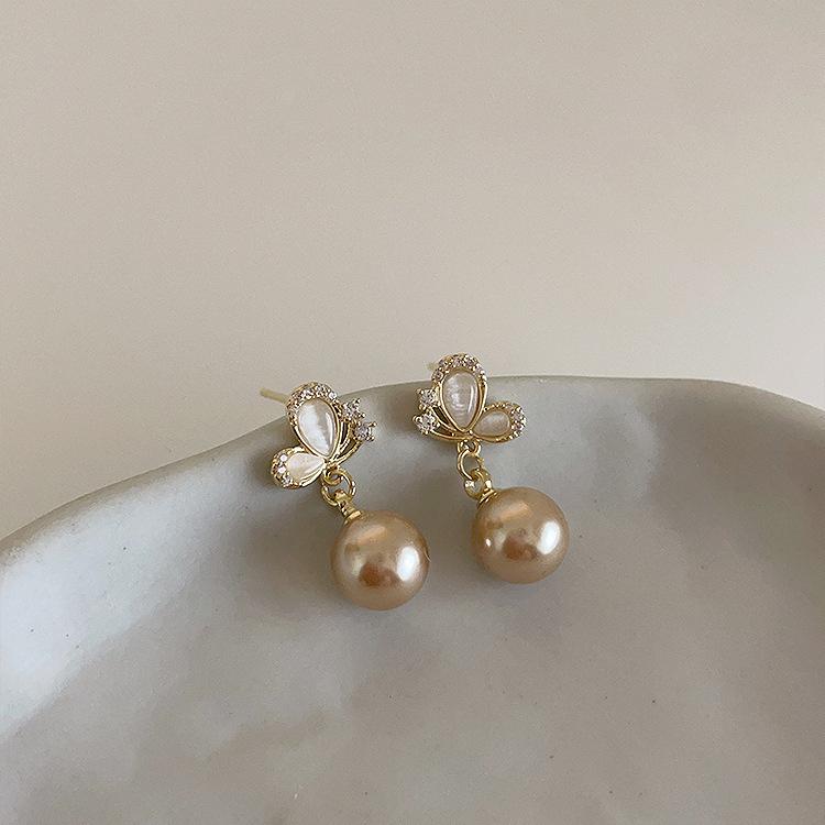 Elegant French Champagne Gold Zirconia Pearl Stud Earrings – Light Luxury Fashion