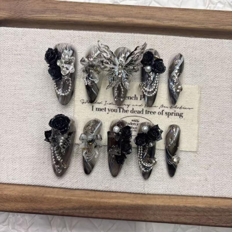 Handmade 3D Dark Ombre Butterfly Press-On Nails Medium To Long Length Women Girls