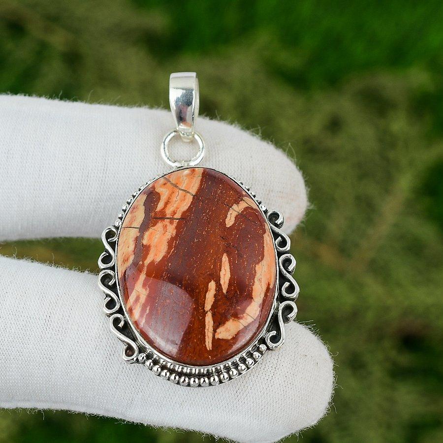 Sterling Silver Oval Red Snakeskin Jasper Gemstone Bezel Mother Pendant Jewelry