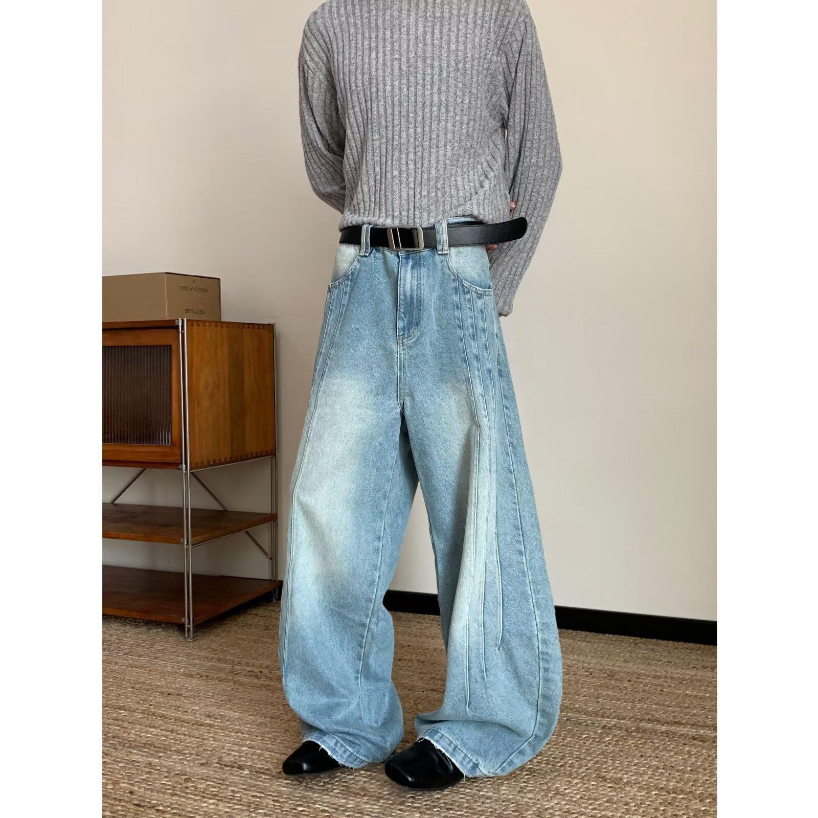 

JYL Mens Jeans American Patchwork Loose Straight Hong Kong Style Denim M