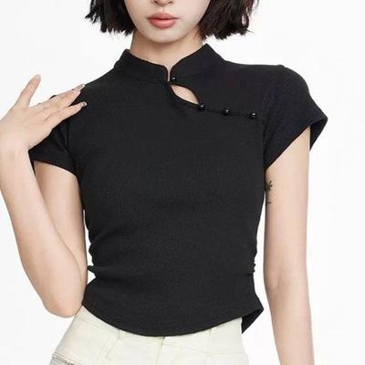 Women's Summer Cotton Stand Collar Short Sleeve T-Shirt: Chinese Style, Slimming, Versatile National Design