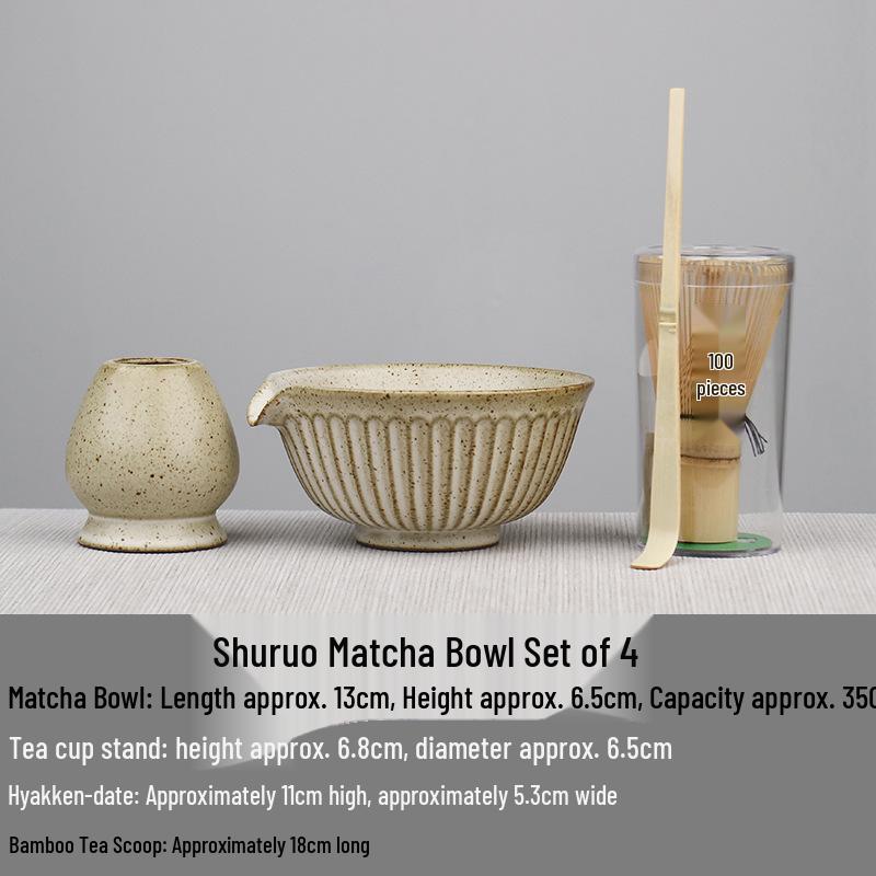Japanese Ceramic Tea Ceremony Set: Matcha Bowl, Whisk Stand, Hyakuhon-Tate Whisk, and Scoop