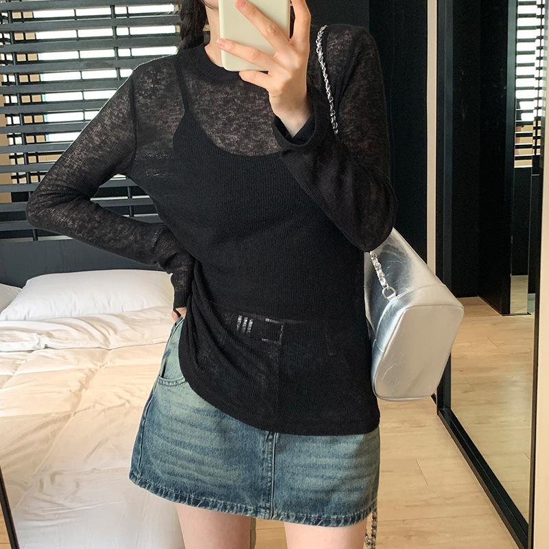 Summer Lazy Knitted Blouse Top for For Women with Thin Style Slightly Transparent Outer Layer High-quality Round Neck Sun Protection Long Sleeves