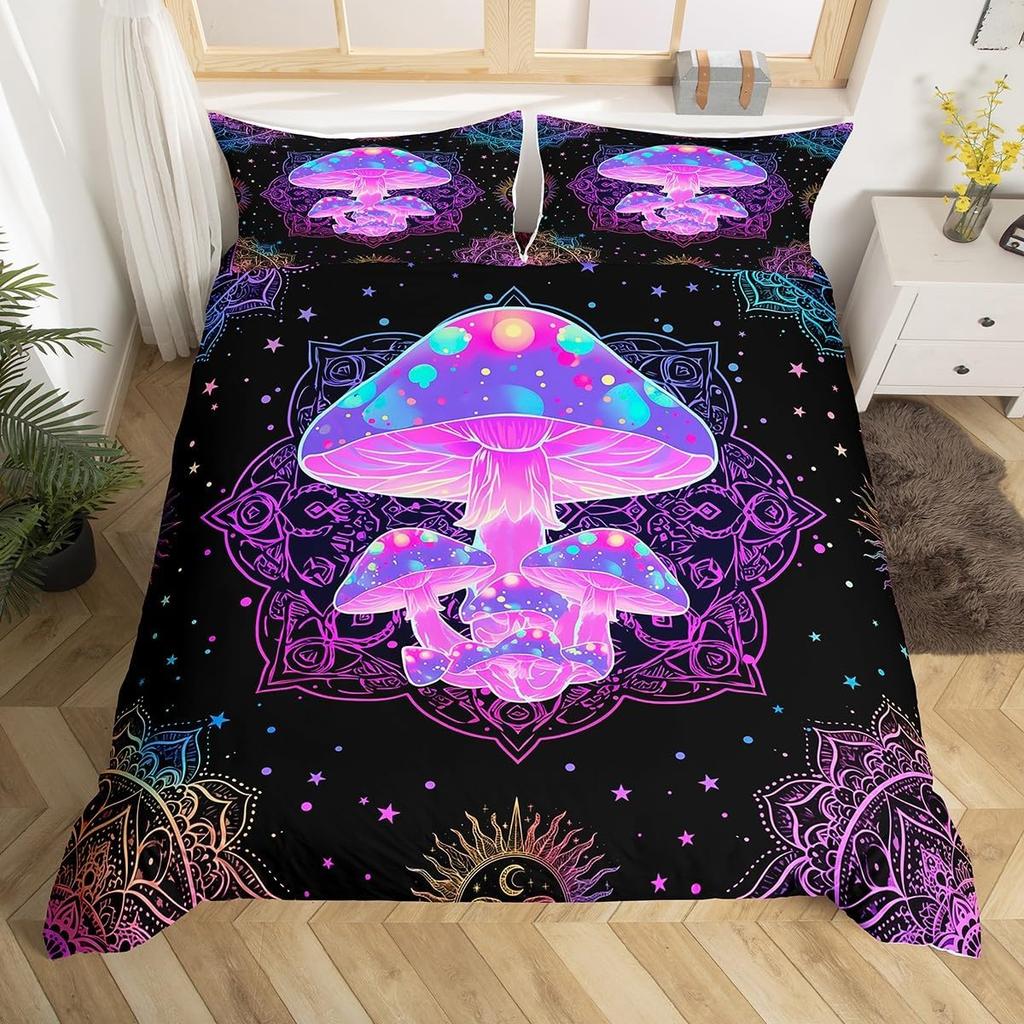 Psychedelic Floral Duvet Cover Microfiber Exotic Lotus Feather Bedding Set Bohemian Mandala Comforter Cover Twin For Girls Teen
