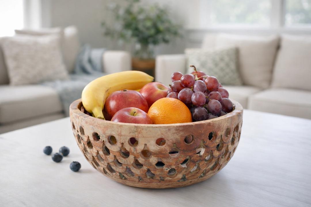 Beige Soapstone Jali Work Bowl – Handcrafted Decorative Stone Bowl for Tabletop Decor