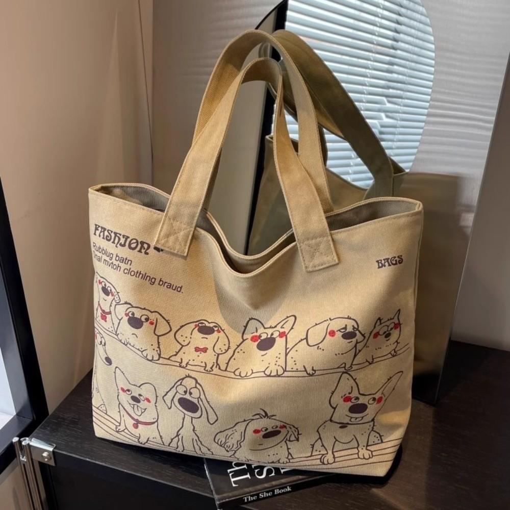 Cute Versatile Canvas Tote Bag Cartoon Dog Pattern Large Capacity Shoulder Bag Korean Style Women's Handbag for Women