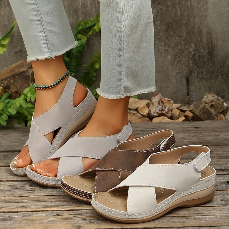 Fashion 2025 Summer Sandals Casual Hollow Vintage Solid Color Elastic Heel Strap Fish Mouth Wedge Heel Slippers Women Vacation Shoes