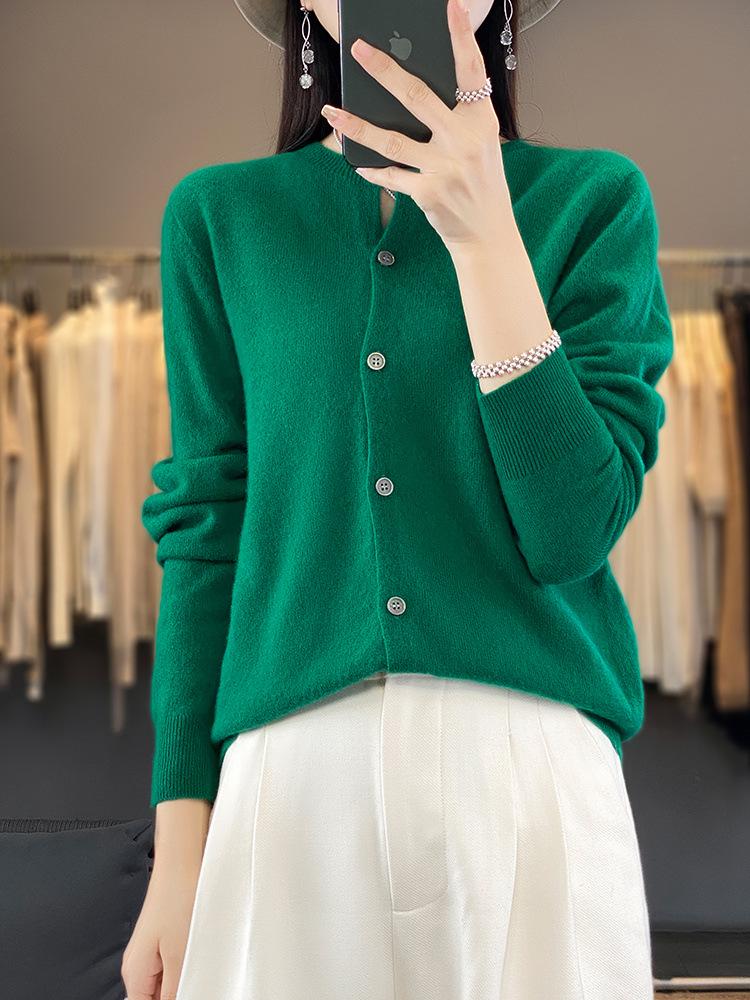 Women's Loose Fit 100% Pure Wool Knit Cardigan - Solid Color, Long Sleeve, Autumn/Winter Sweater