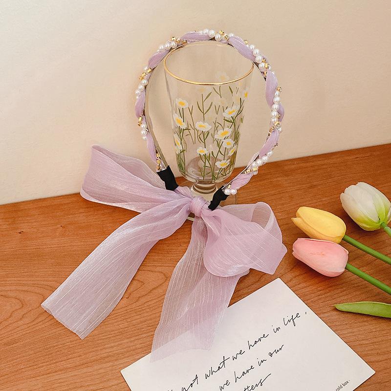 Fasce per Capelli alla Moda con Perle Fasce Lunghe Coreane con Nastro per Donne Cerchietto per Capelli Multifunzione con Fiocco Accessori per Capelli da Ragazza Dolce
