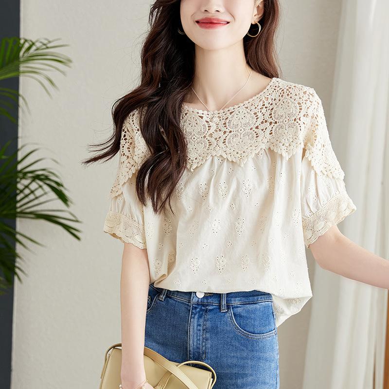 Lace Hollow Top Summer Lotus Leaf Collar Cotton Embroidered Shirt Short Sleeve Shirt