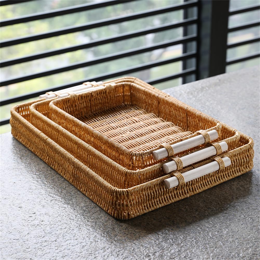 [TAITENG] Rattan Storage Basket with Handle, Tray, for Small Item Storage, Snacks, Fruits, Tabletop Storage, Small Organizer, Washable, Yellow