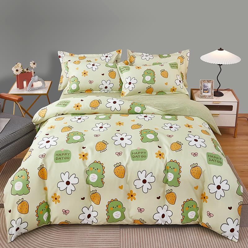 Kawaii Cartoon Dinosaur Duvet Cover Twin Queen Botanical Floral Bedding Set Pink Strawberry Comforter Cover with 2 Pillow Sham