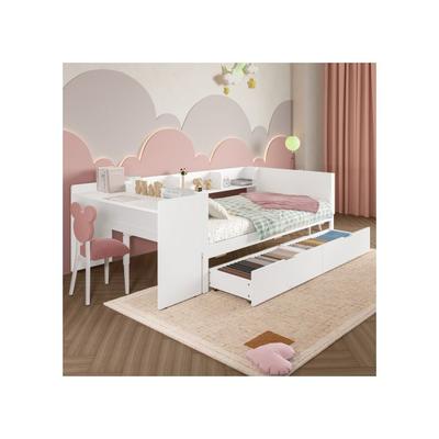 Postel - Bílá - 90x200 cm - Psací stůl se 2 zásuvkami - Masivní dřevo - 1 osoba
