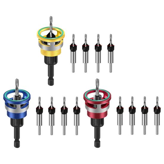 Countersink Drill Bit Set Adjustable Depth Stop Drill Bits Adjustable Hex Wrench Spiral Flute HSS M2 High Speed Steel 4-Edge Drill Bits