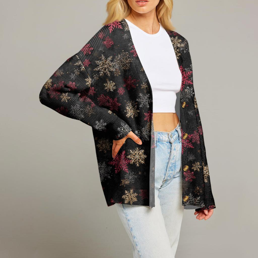 Women's Fashion Long Sleeve Print V-Neck Button Loose Cardigan Top