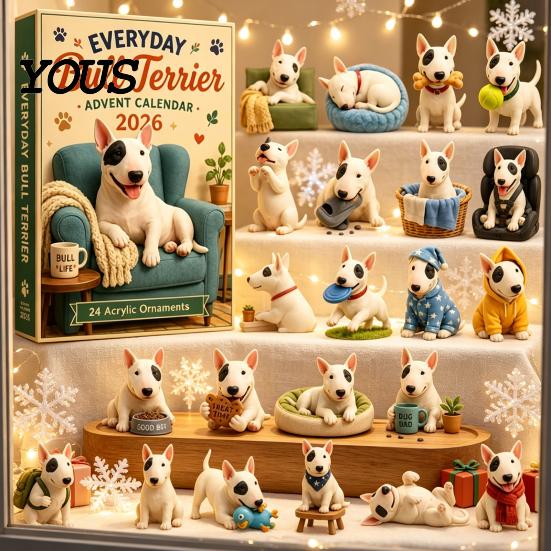 Holiday Countdown Calendar Everyday Bull Terrier Advent 2026, 24 Day Christmas with Winter Activity Acrylic Ornaments, Decorative Collectible for Dog