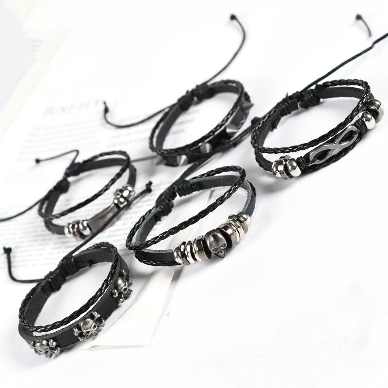 Men's Retro Skull Leather Bracelet Set: Handwoven Multi-Layer Rope with Figure 8 Design, 5 Pieces.